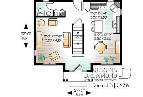 Rez-de-chaussée - Plan de maison économique 2 chambres, salle de lavage à l'étage, îlot à la cuisine - Duranel 3