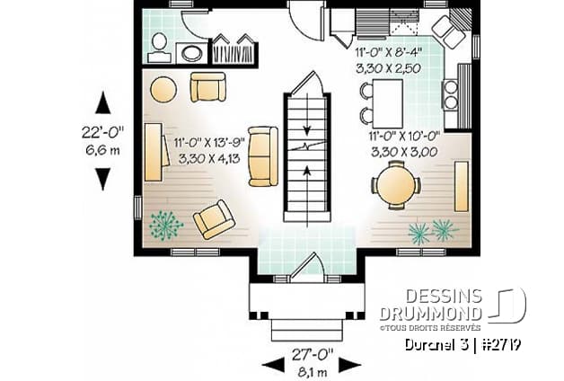Rez-de-chaussée - Plan de maison économique 2 chambres, salle de lavage à l'étage, îlot à la cuisine - Duranel 3