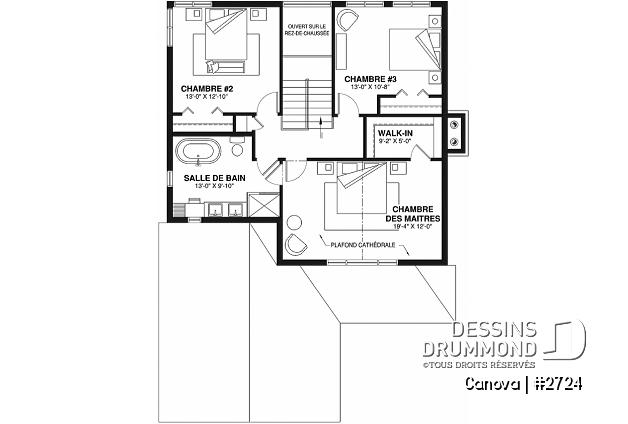 Étage - Maison pour terrain étroit, garage avec accès par la buanderie, 3 grandes chambres, grand salon avec foyer - Canova