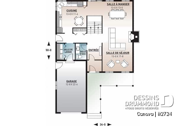 Rez-de-chaussée - Maison pour terrain étroit, garage avec accès par la buanderie, 3 grandes chambres, grand salon avec foyer - Canova