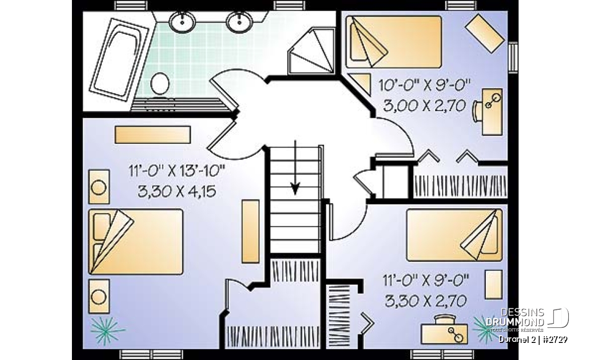Étage - Plan de Cottage de style transitionnel, éviers doubles, 3 chambres, salle à manger formelle - Duranel 2