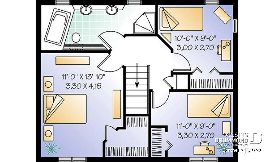 Étage - Plan de Cottage de style transitionnel, éviers doubles, 3 chambres, salle à manger formelle - Duranel 2