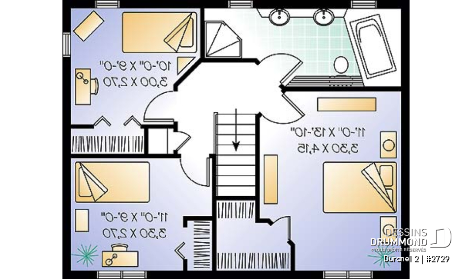 Étage - Plan de Cottage de style transitionnel, éviers doubles, 3 chambres, salle à manger formelle - Duranel 2