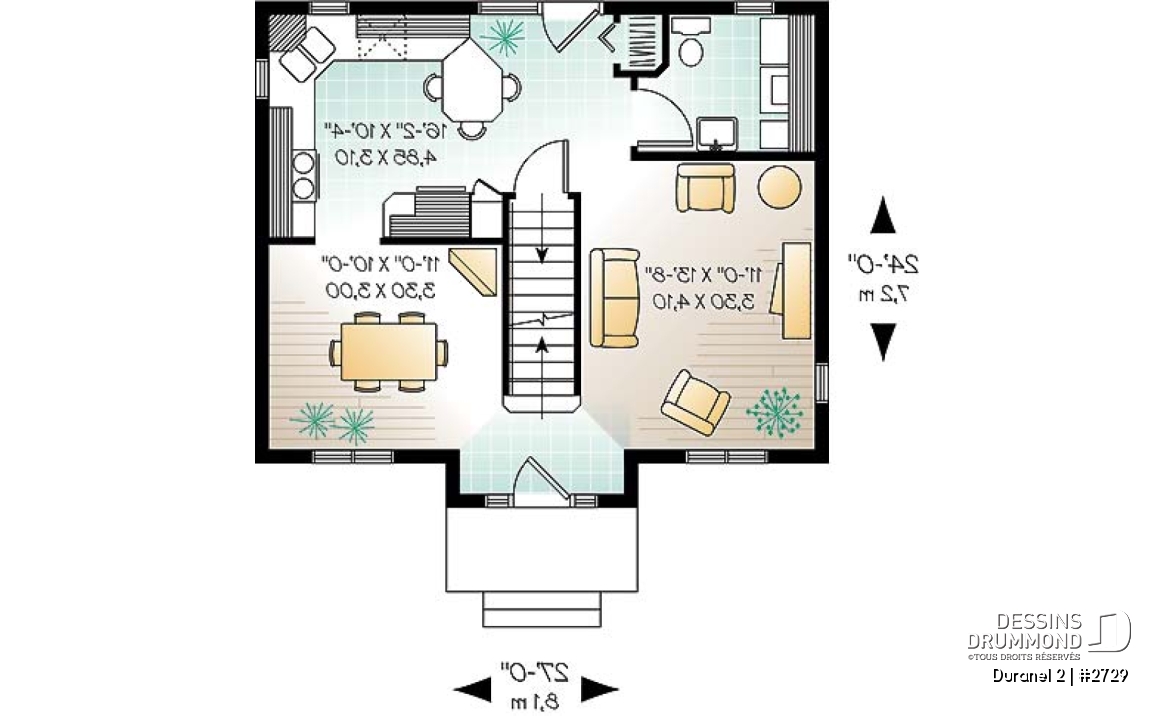 Rez-de-chaussée - Plan de Cottage de style transitionnel, éviers doubles, 3 chambres, salle à manger formelle - Duranel 2