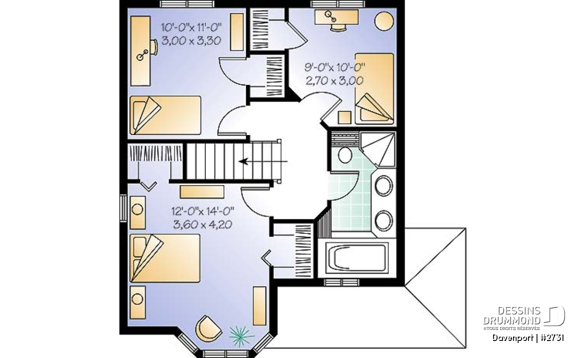 Étage - Plan de maison à étages, 3 chambres, fenestration abondante, cuisine avec îlot - Westfield