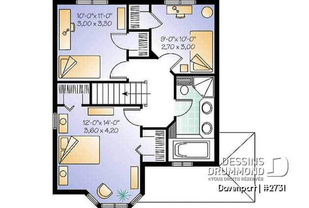 Étage - Plan de maison à étages, 3 chambres, fenestration abondante, cuisine avec îlot - Davenport