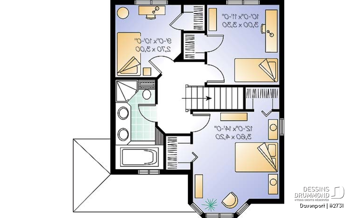 Étage - Plan de maison à étages, 3 chambres, fenestration abondante, cuisine avec îlot - Westfield