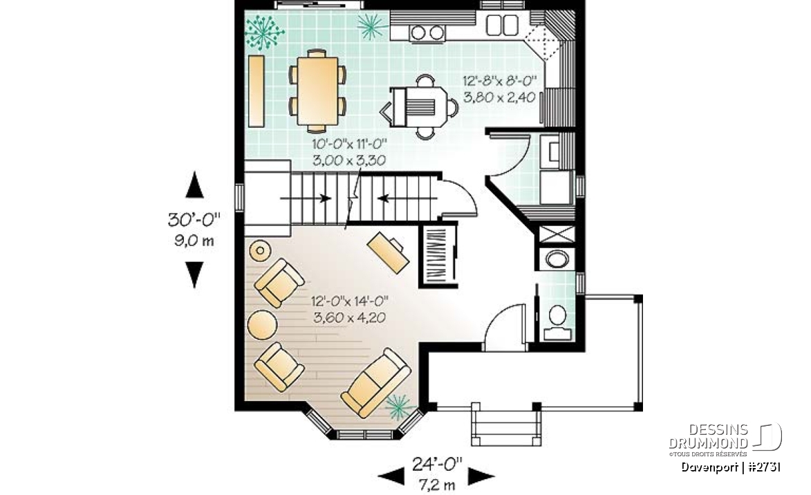 Rez-de-chaussée - Plan de maison à étages, 3 chambres, fenestration abondante, cuisine avec îlot - Westfield