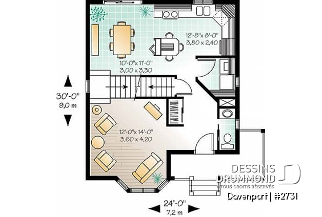 Rez-de-chaussée - Plan de maison à étages, 3 chambres, fenestration abondante, cuisine avec îlot - Davenport