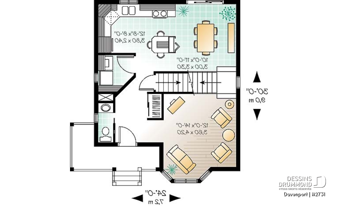 Rez-de-chaussée - Plan de maison à étages, 3 chambres, fenestration abondante, cuisine avec îlot - Westfield