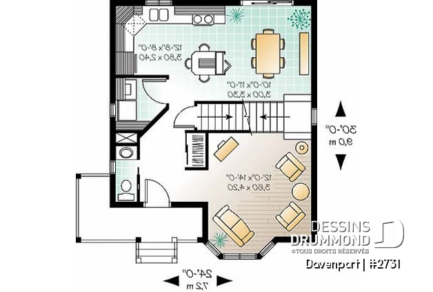 Rez-de-chaussée - Plan de maison à étages, 3 chambres, fenestration abondante, cuisine avec îlot - Davenport