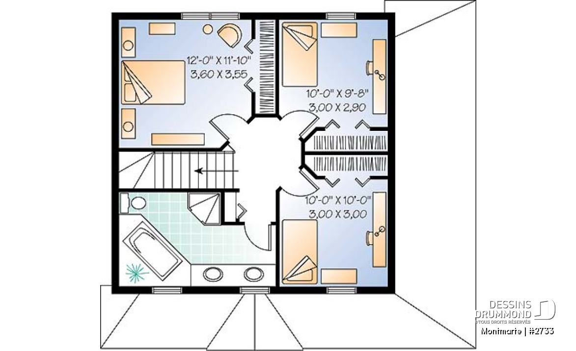 Étage - Plan de maison style anglais, 3 chambres, 2 salles de bain complètes, cuisine fort originale - Montmarte