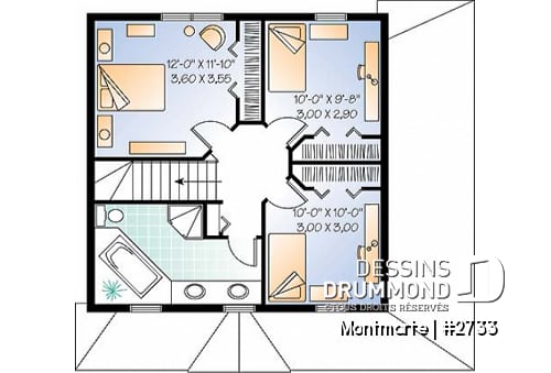Étage - Plan de maison style anglais, 3 chambres, 2 salles de bain complètes, cuisine fort originale - Montmarte