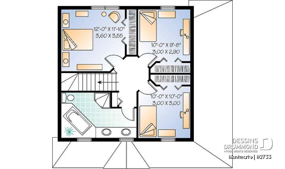 Étage - Plan de maison style anglais, 3 chambres, 2 salles de bain complètes, cuisine fort originale - Montmarte