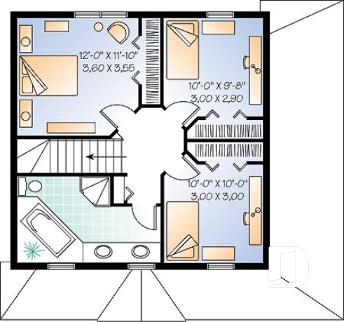 Étage - Plan de maison style anglais, 3 chambres, 2 salles de bain complètes, cuisine fort originale - Montmarte