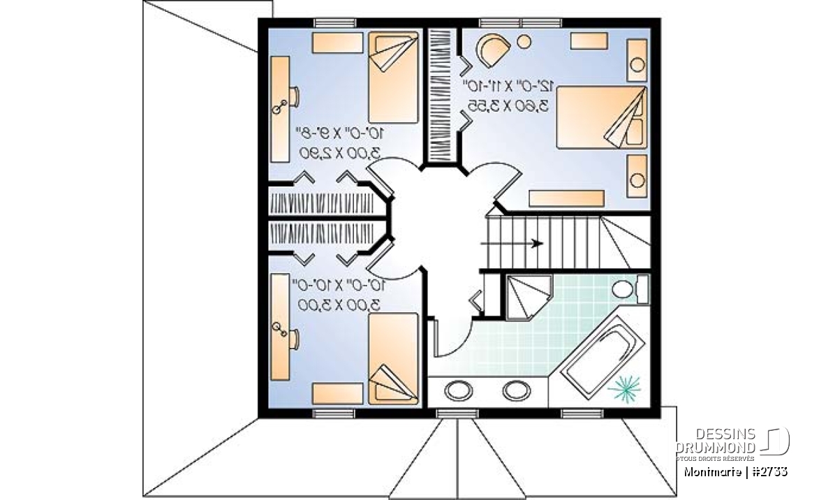 Étage - Plan de maison style anglais, 3 chambres, 2 salles de bain complètes, cuisine fort originale - Montmarte