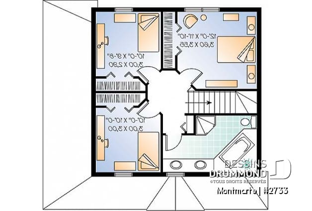 Étage - Plan de maison style anglais, 3 chambres, 2 salles de bain complètes, cuisine fort originale - Montmarte