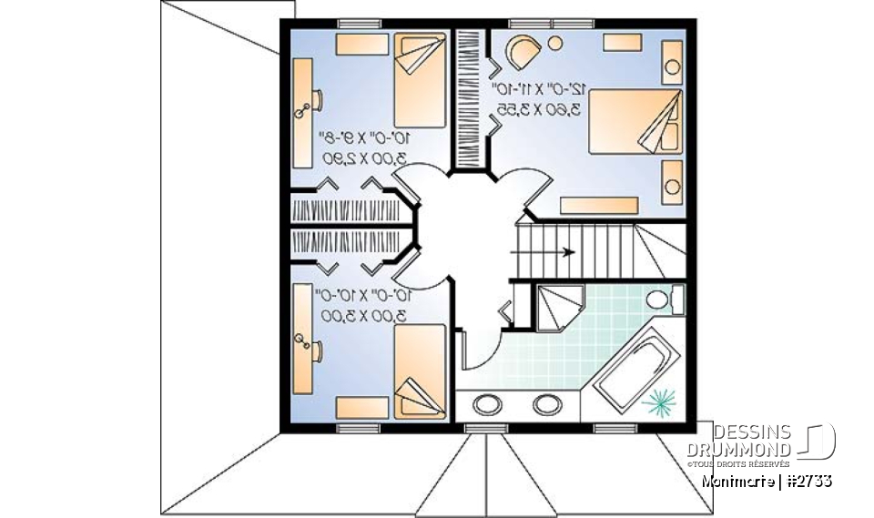 Étage - Plan de maison style anglais, 3 chambres, 2 salles de bain complètes, cuisine fort originale - Montmarte