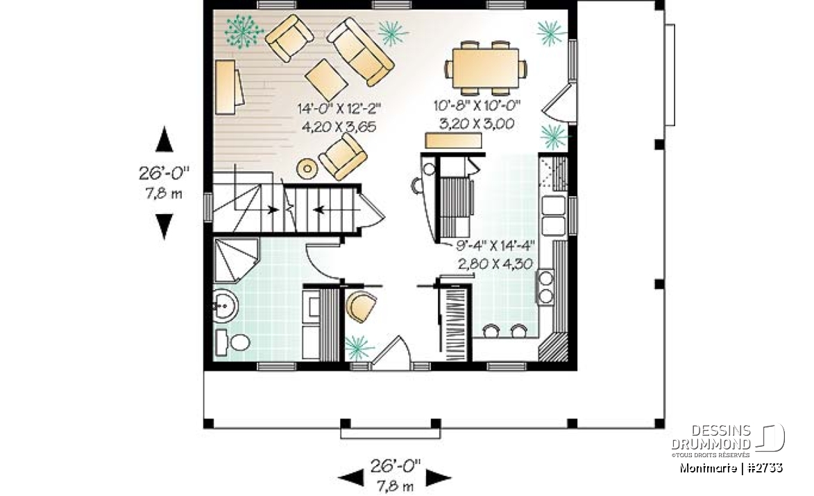 Rez-de-chaussée - Plan de maison style anglais, 3 chambres, 2 salles de bain complètes, cuisine fort originale - Montmarte