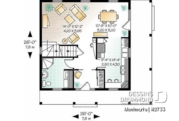 Rez-de-chaussée - Plan de maison style anglais, 3 chambres, 2 salles de bain complètes, cuisine fort originale - Montmarte