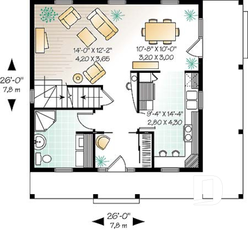 Rez-de-chaussée - Plan de maison style anglais, 3 chambres, 2 salles de bain complètes, cuisine fort originale - Montmarte