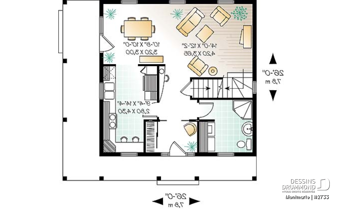 Rez-de-chaussée - Plan de maison style anglais, 3 chambres, 2 salles de bain complètes, cuisine fort originale - Montmarte