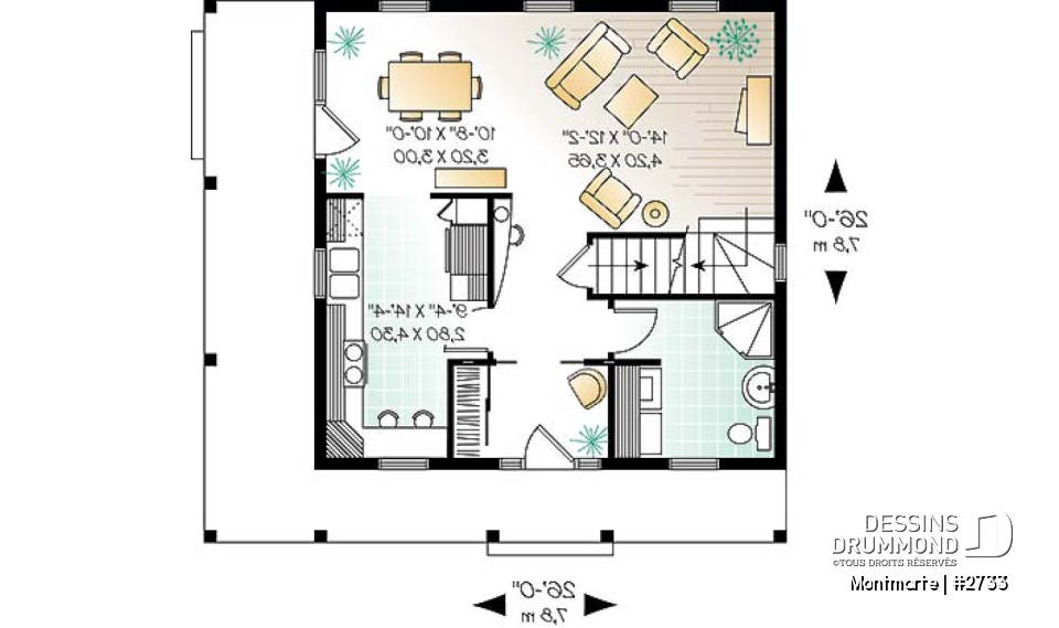 Rez-de-chaussée - Plan de maison style anglais, 3 chambres, 2 salles de bain complètes, cuisine fort originale - Montmarte