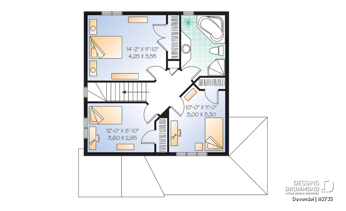 Étage - Plan de maison champêtre abordable, 3 chambres, belle galarie avant et latérale. - Devondel