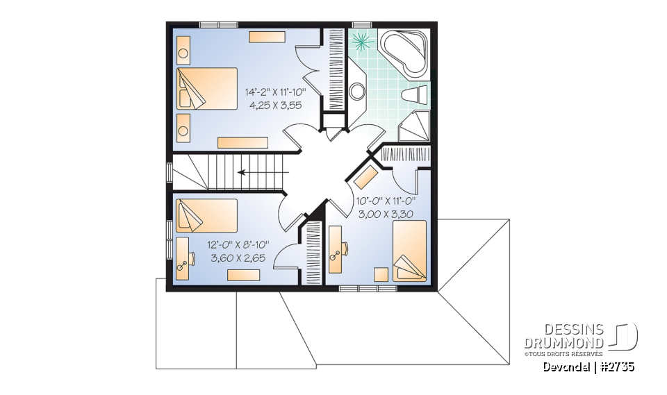 Étage - Plan de maison champêtre abordable, 3 chambres, belle galarie avant et latérale. - Devondel