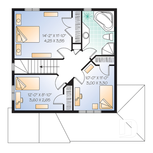 Étage - Plan de maison champêtre abordable, 3 chambres, belle galarie avant et latérale. - Devondel