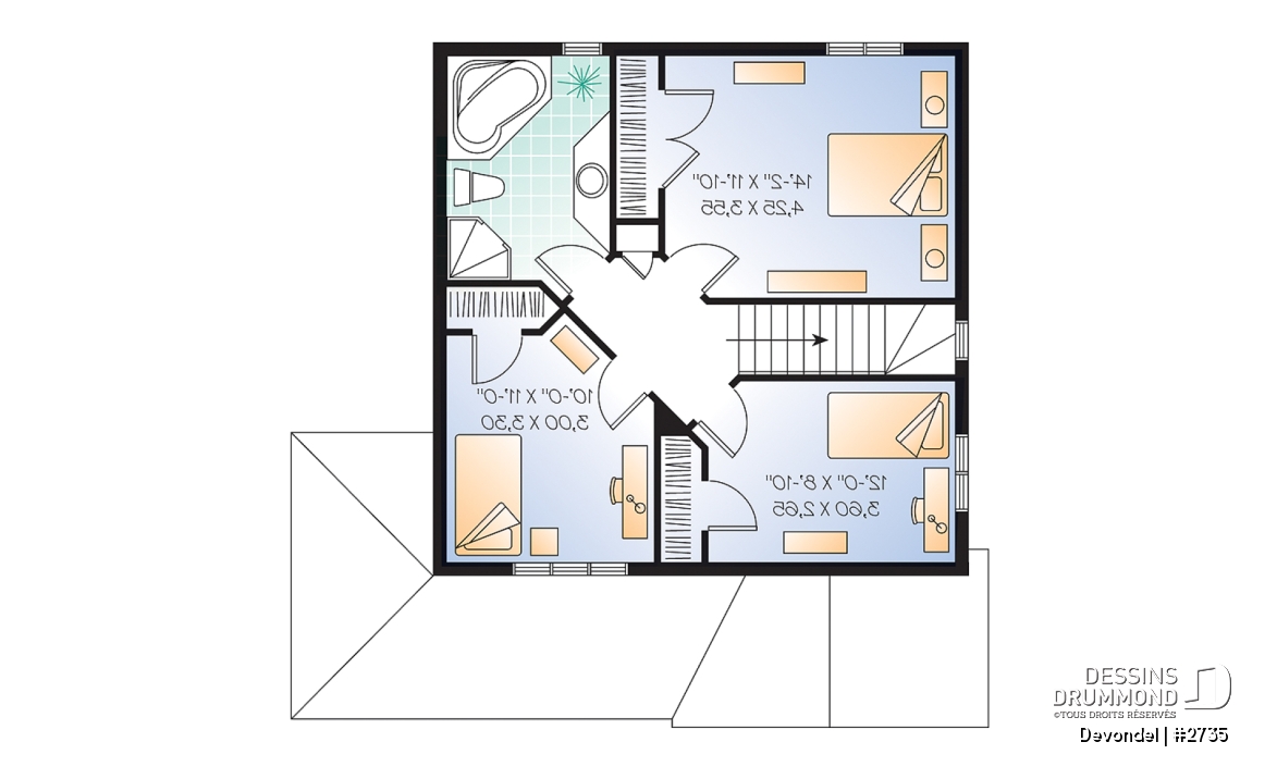 Étage - Plan de maison champêtre abordable, 3 chambres, belle galarie avant et latérale. - Devondel