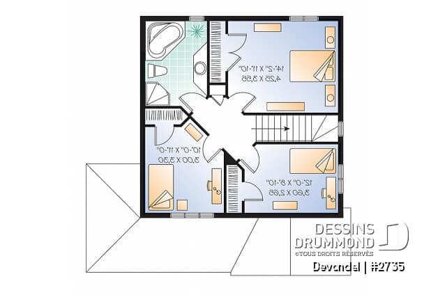 Étage - Plan de maison champêtre abordable, 3 chambres, belle galarie avant et latérale. - Devondel