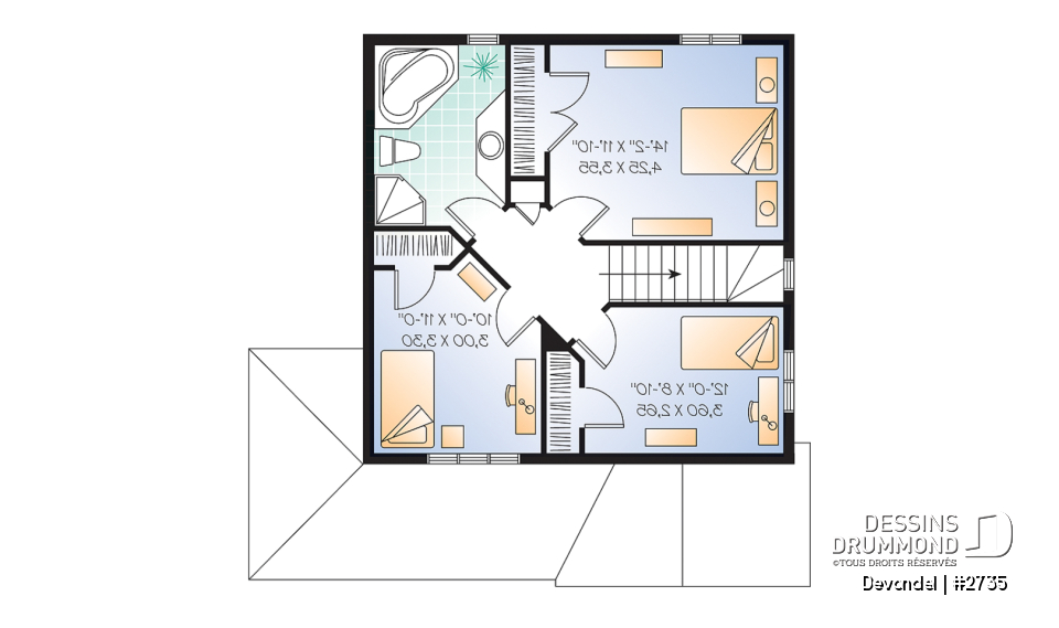 Étage - Plan de maison champêtre abordable, 3 chambres, belle galarie avant et latérale. - Devondel