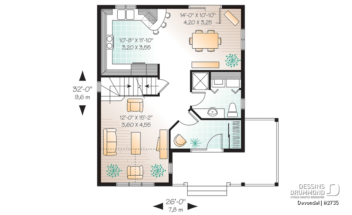 Rez-de-chaussée - Plan de maison champêtre abordable, 3 chambres, belle galarie avant et latérale. - Devondel