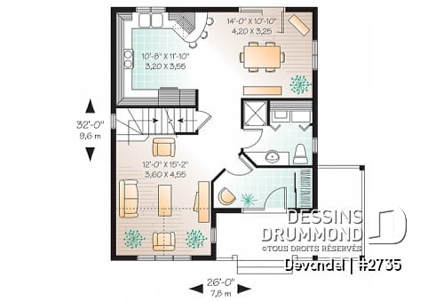 Rez-de-chaussée - Plan de maison champêtre abordable, 3 chambres, belle galarie avant et latérale. - Devondel