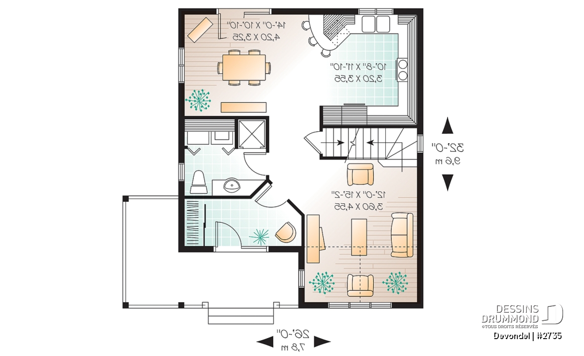 Rez-de-chaussée - Plan de maison champêtre abordable, 3 chambres, belle galarie avant et latérale. - Devondel