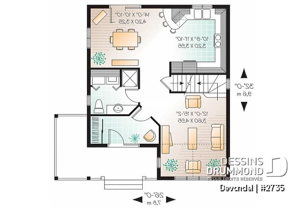 Rez-de-chaussée - Plan de maison champêtre abordable, 3 chambres, belle galarie avant et latérale. - Devondel