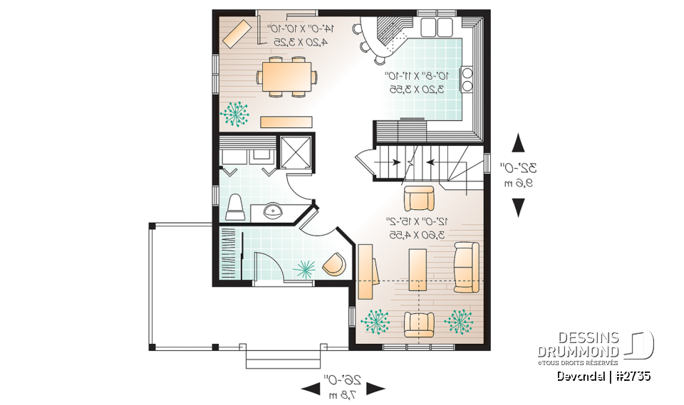 Rez-de-chaussée - Plan de maison champêtre abordable, 3 chambres, belle galarie avant et latérale. - Devondel