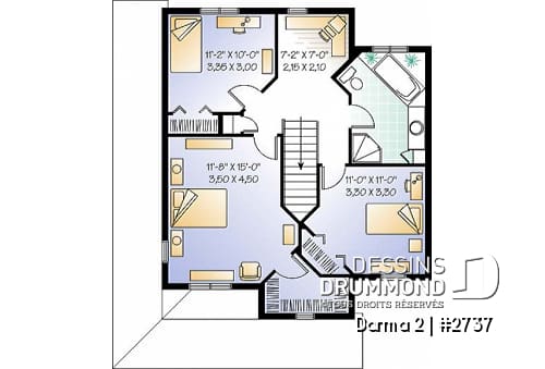 Étage - Modèle de plan champêtre, 3 chambres, fenestration abondante, cuisine avec îlot, coin bureau à l'étage - Darma 2