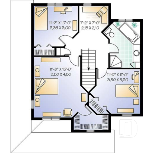 Étage - Modèle de plan champêtre, 3 chambres, fenestration abondante, cuisine avec îlot, coin bureau à l'étage - Darma 2