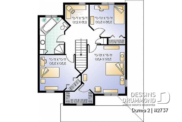 Étage - Modèle de plan champêtre, 3 chambres, fenestration abondante, cuisine avec îlot, coin bureau à l'étage - Darma 2