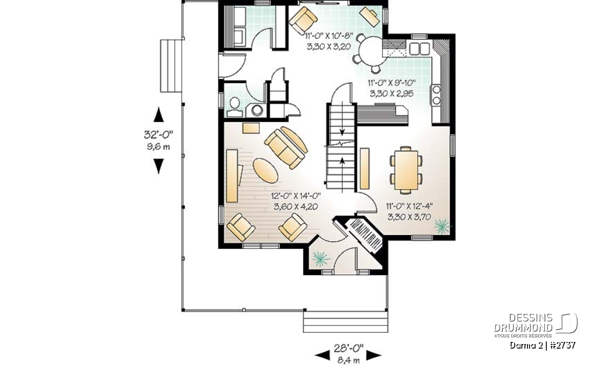 Rez-de-chaussée - Modèle de plan champêtre, 3 chambres, fenestration abondante, cuisine avec îlot, coin bureau à l'étage - Darma 2