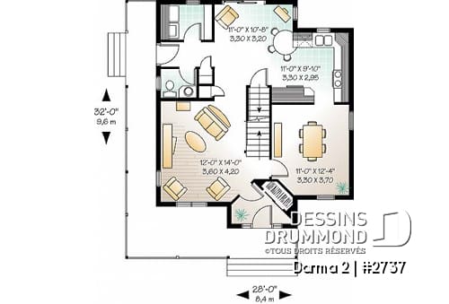 Rez-de-chaussée - Modèle de plan champêtre, 3 chambres, fenestration abondante, cuisine avec îlot, coin bureau à l'étage - Darma 2