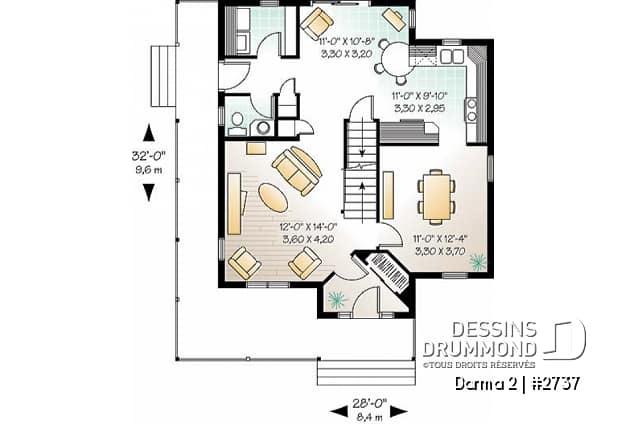 Rez-de-chaussée - Modèle de plan champêtre, 3 chambres, fenestration abondante, cuisine avec îlot, coin bureau à l'étage - Darma 2