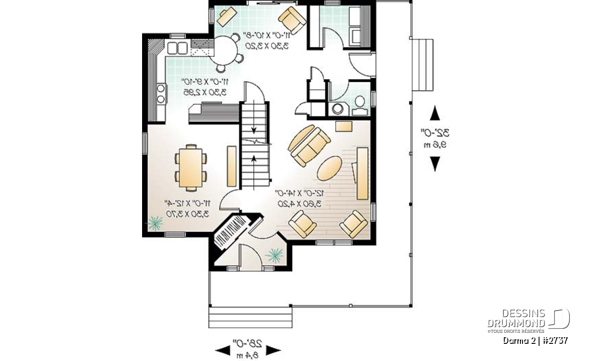 Rez-de-chaussée - Modèle de plan champêtre, 3 chambres, fenestration abondante, cuisine avec îlot, coin bureau à l'étage - Darma 2