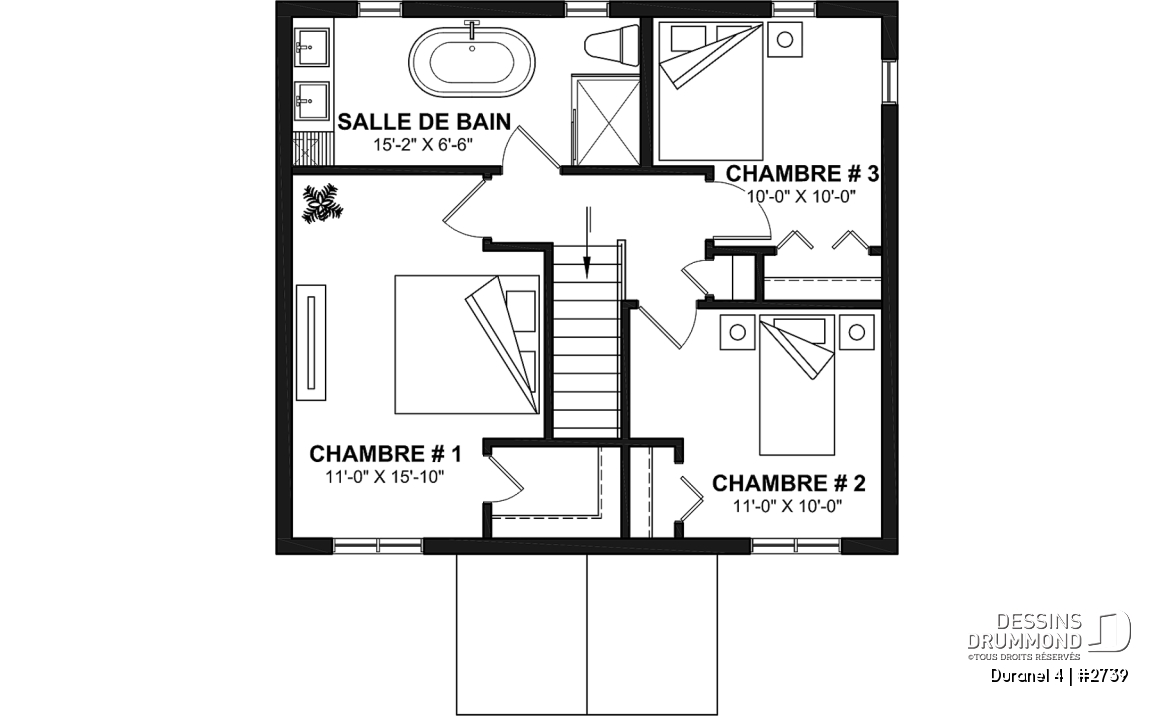 Étage - Plan de maison transitionnelle, cuisine avec comptoir-lunch, buanderie au r-d-c, 3 chambres, économique  - Duranel 4