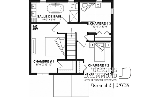 Étage - Plan de maison transitionnelle, cuisine avec comptoir-lunch, buanderie au r-d-c, 3 chambres, économique  - Duranel 4