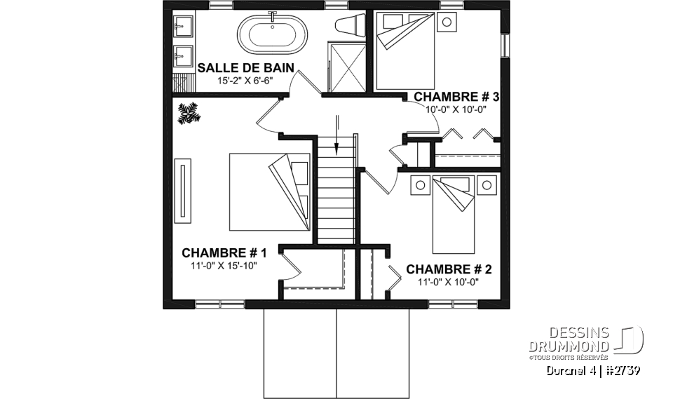 Étage - Plan de maison transitionnelle, cuisine avec comptoir-lunch, buanderie au r-d-c, 3 chambres, économique  - Duranel 4