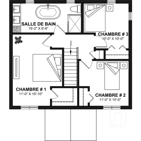 Étage - Plan de maison transitionnelle, cuisine avec comptoir-lunch, buanderie au r-d-c, 3 chambres, économique  - Duranel 4