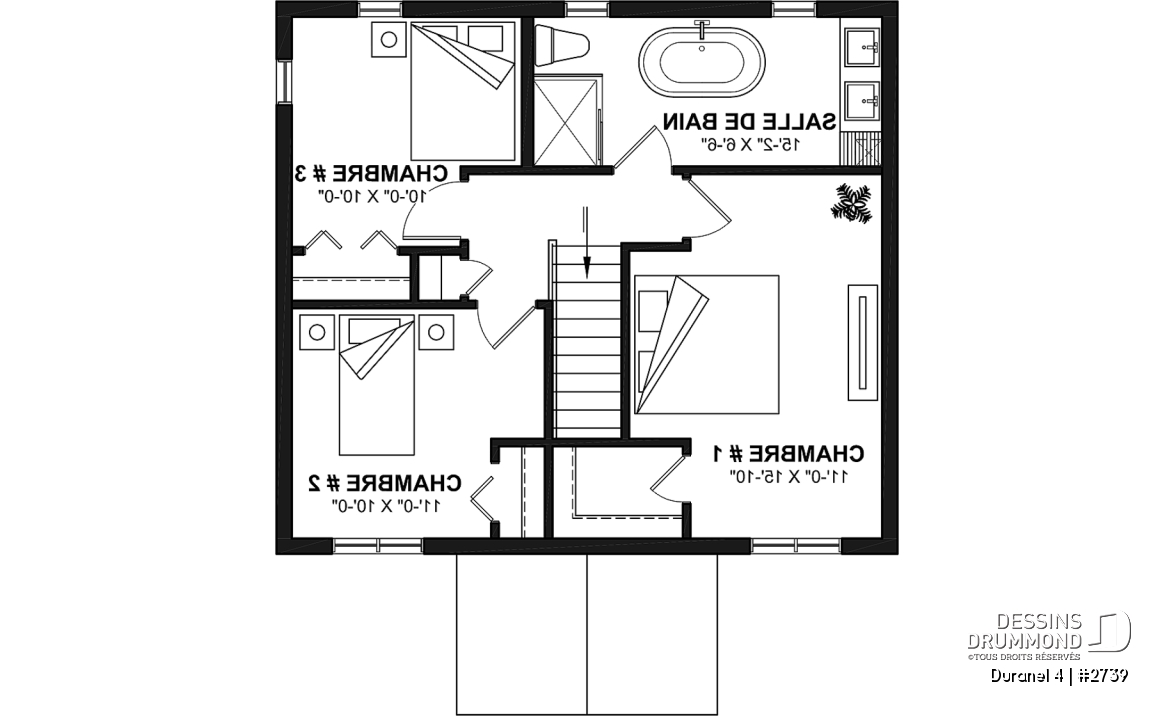 Étage - Plan de maison transitionnelle, cuisine avec comptoir-lunch, buanderie au r-d-c, 3 chambres, économique  - Duranel 4